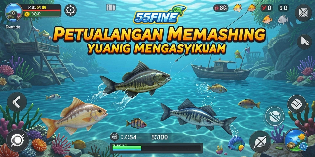 Screenshot gameplay 55FIVE menampilkan aksi memancing yang seru.
