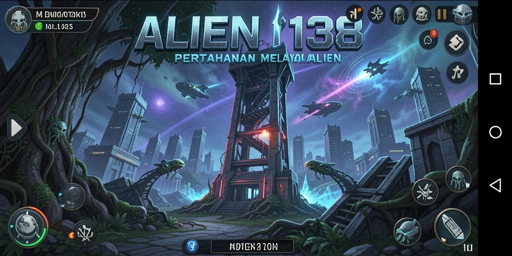 Screenshot gameplay ALIEN138 menampilkan menara yang siap melawan alien.