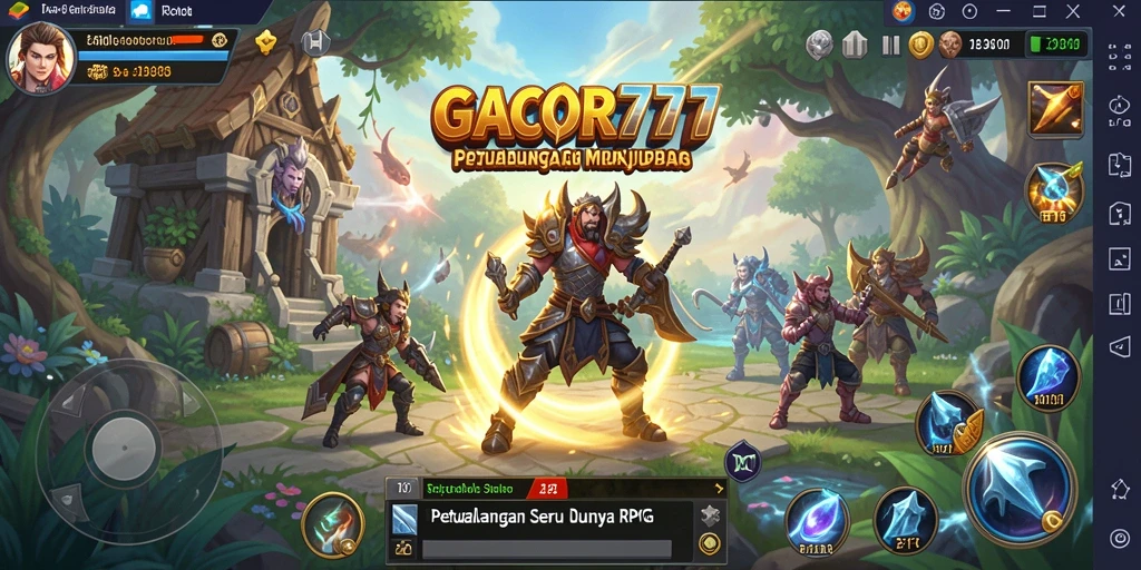 Screenshot utama GACOR777 menunjukkan karakter dalam pertempuran epik di dunia RPG.