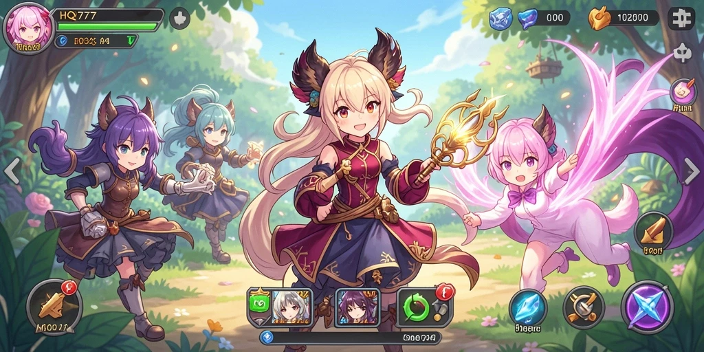Tampilan gameplay HQ777 yang menampilkan aksi karakter anime.