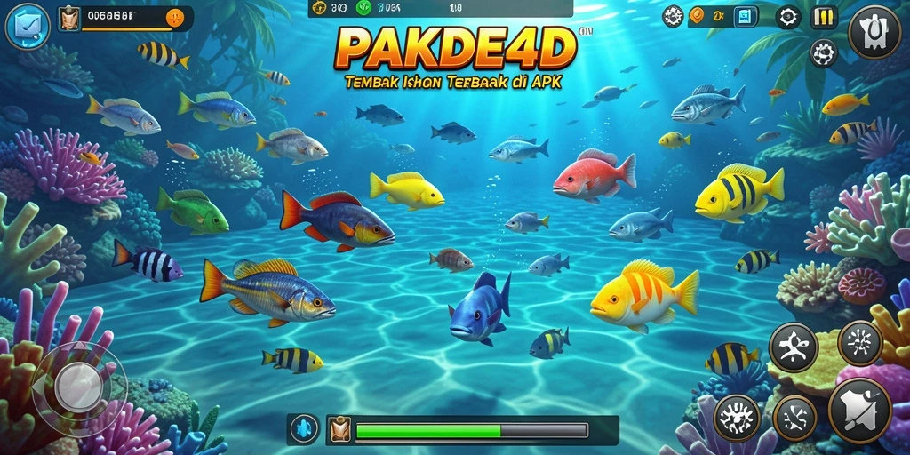 Tangkapan layar menampilkan gameplay seru PAKDE4D dengan berbagai ikan yang bisa ditangkap.