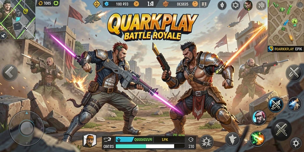 Tampilan aksi seru dalam gameplay Battle Royale QUARKPLAY.