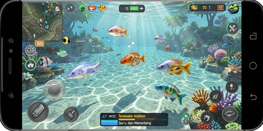 Tangkapan layar menampilkan gameplay menarik RK55 dengan banyak ikan berwarna-warni.