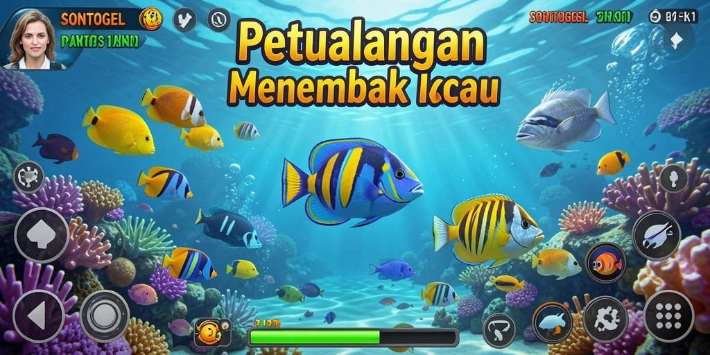 Screenshot utama SONTOGEL menunjukkan aksi seru menembak ikan.