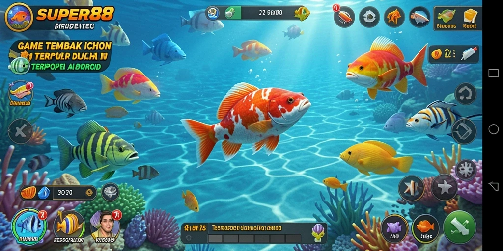 Gameplay seru dalam Tembak Ikan SUPER88 dengan ikan beraneka warna.