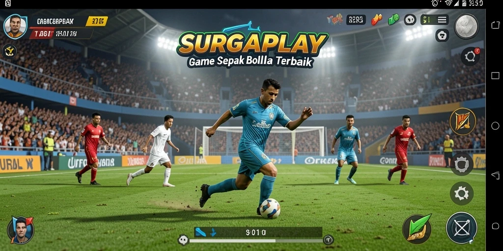 Screenshot gameplay SERGAPLAY menampilkan aksi seru di lapangan sepak bola.
