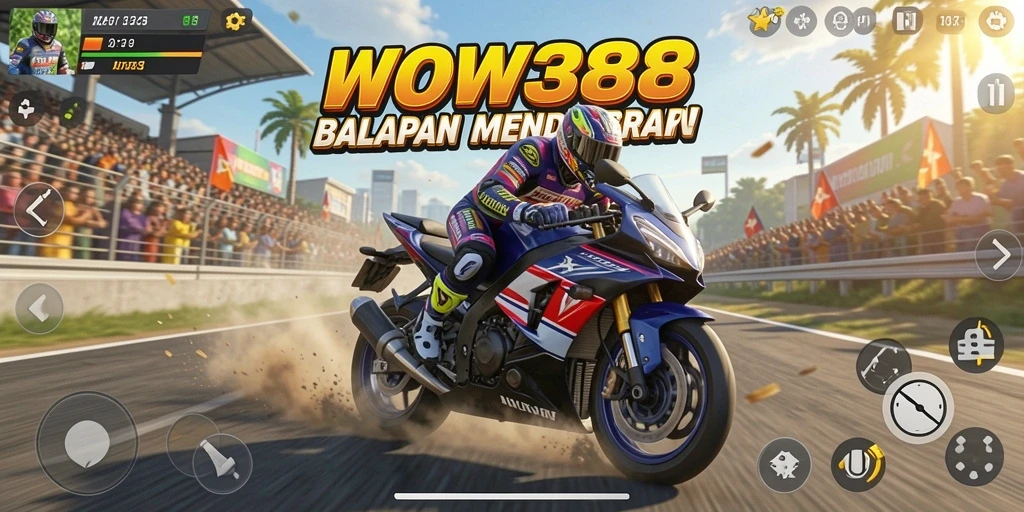 Tampilan gameplay menegangkan dari WOW388 dengan balapan motor yang seru.